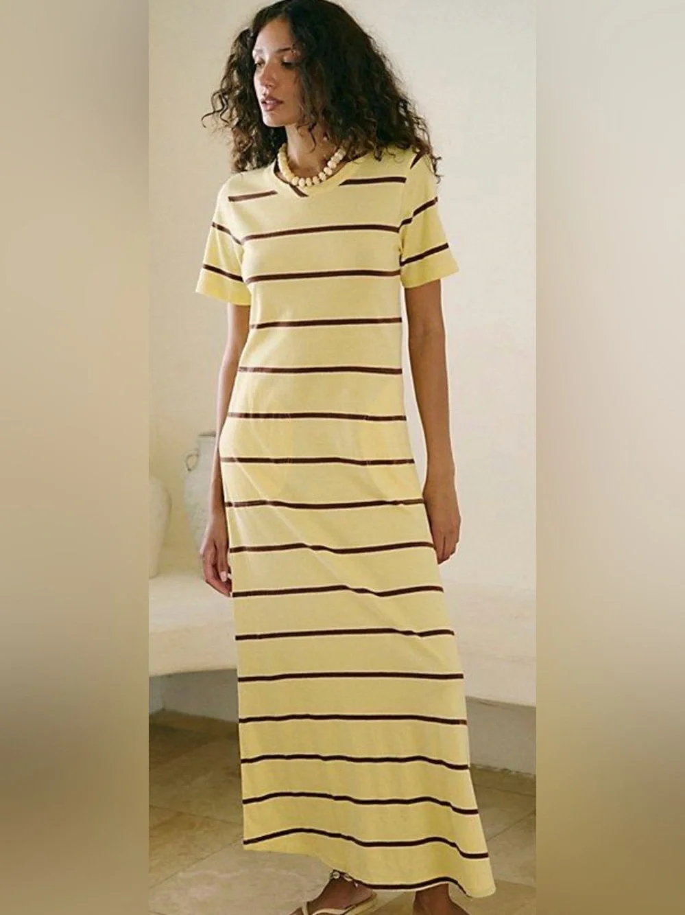 Free people Sleek And Striped Cotton-Jersey Maxi Dress. NWT. Butter yellow